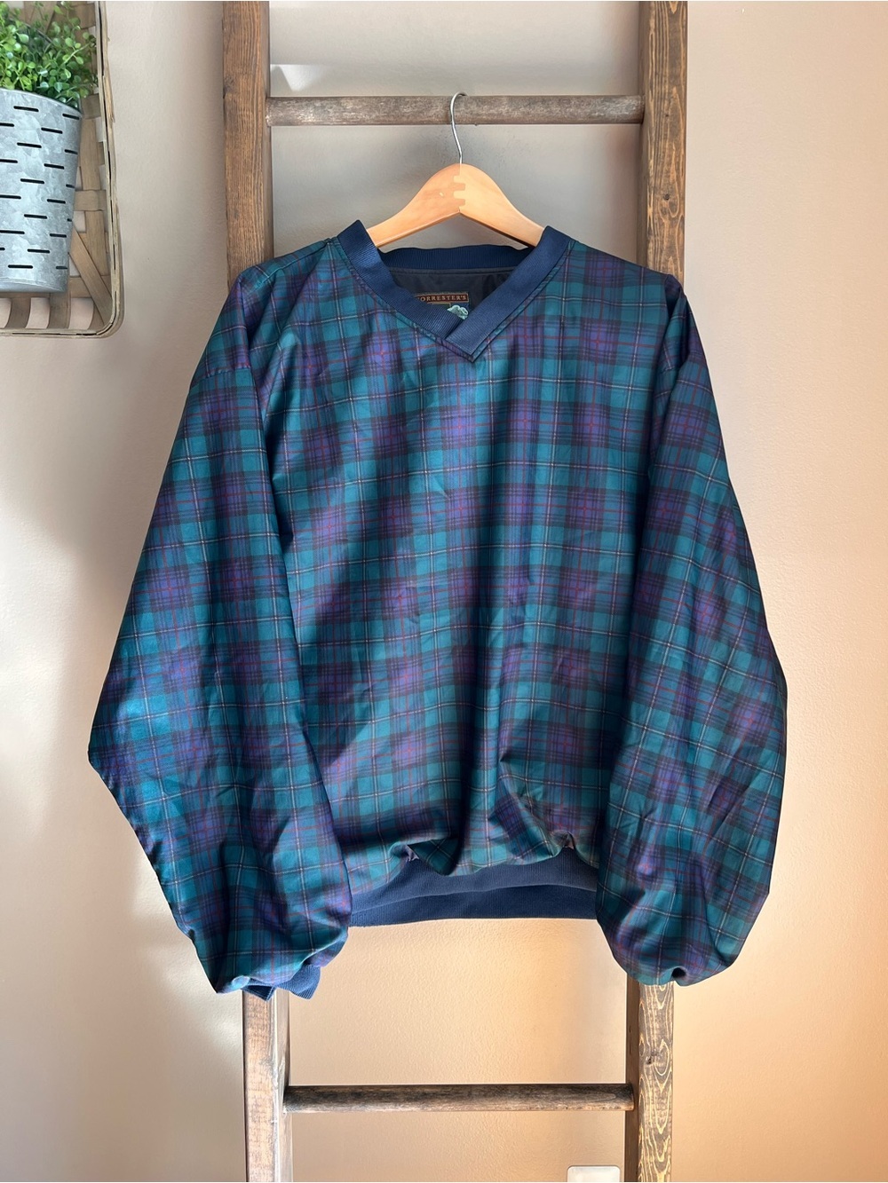 Vintage Plaid V-Neck Golf Pullover Windbreaker - Teal & Navy